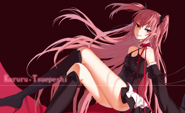Anime picture 2424x1487 with owari no seraph wit studio kururu tepes mjiffy single long hair looking at viewer blush fringe highres light erotic simple background smile hair between eyes red eyes wide image payot pink hair pointy ears two side up