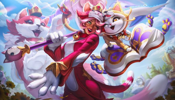 Anime picture 1920x1097 with league of legends nidalee (league of legends) shiba yuumi ina wong single long hair highres open mouth smile wide image green eyes pink hair ponytail one eye closed blurry official art lipstick dark skin drill hair pink lipstick