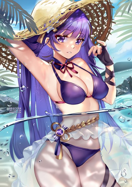 Anime picture 884x1250 with genshin impact raiden shogun squchan single long hair tall image looking at viewer blush fringe breasts light erotic large breasts standing purple eyes signed payot sky cleavage purple hair cloud (clouds)