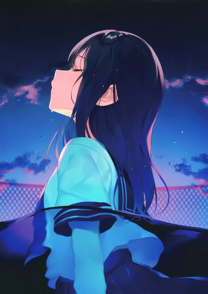 Anime picture 2092x2951 with original achiki single long hair tall image fringe highres payot cloud (clouds) outdoors eyes closed profile scan night short sleeves night sky partially submerged girl skirt uniform