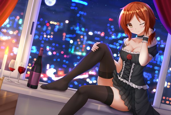 Anime picture 1786x1200 with original kazenokaze single looking at viewer blush highres short hair breasts brown hair brown eyes cleavage one eye closed wink hand on knee girl thighhighs dress black thighhighs choker black dress