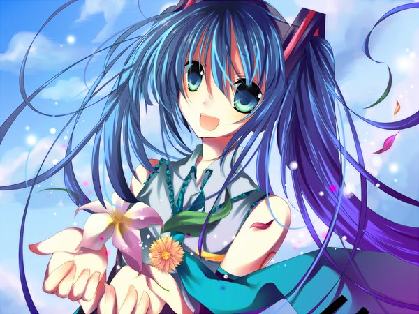 Anime picture 1000x750 with vocaloid hatsune miku kisaragi kiriha single long hair open mouth blue eyes twintails bare shoulders blue hair girl flower (flowers) detached sleeves petals