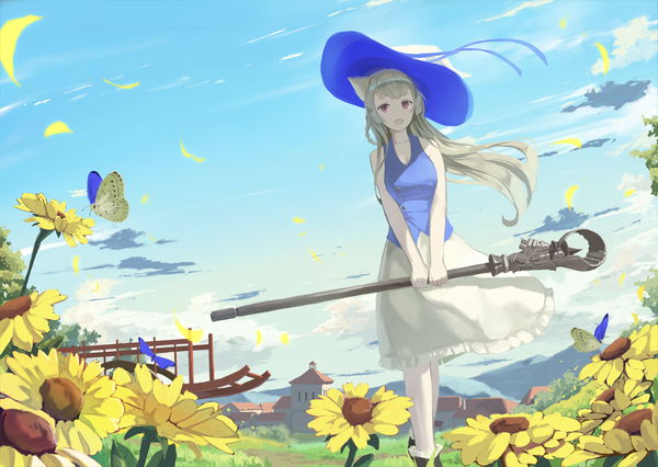 Anime picture 2549x1811 with original mikisai single long hair looking at viewer blush fringe highres open mouth blonde hair red eyes standing holding animal ears sky cloud (clouds) outdoors blunt bangs braid (braids) :d