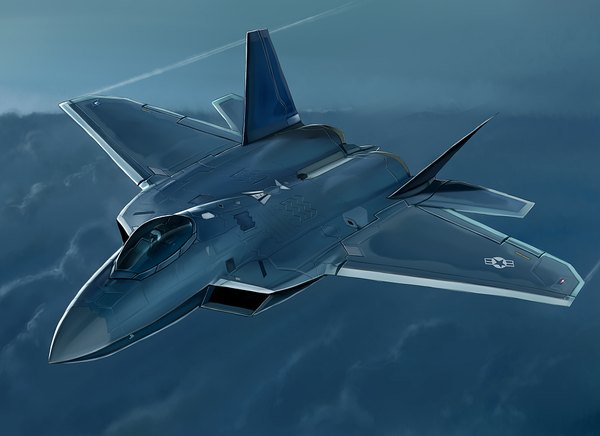 Anime picture 1000x728 with original kcme sky cloud (clouds) flying weapon airplane jet f-22