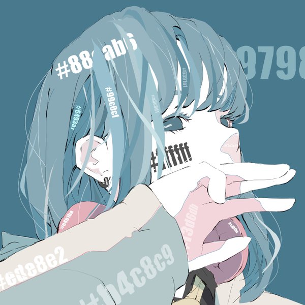 Anime picture 6000x6000 with original no copyright girl single long hair highres simple background absurdres aqua eyes aqua hair portrait covered mouth aqua background girl earrings number (numbers)