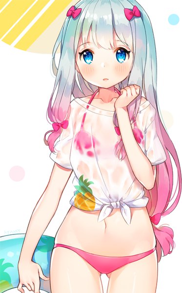 Anime picture 800x1287 with eromanga sensei a-1 pictures izumi sagiri ayami (annahibi) single long hair tall image looking at viewer blush fringe blue eyes light erotic simple background pink hair silver hair parted lips multicolored hair two-tone hair :o low twintails
