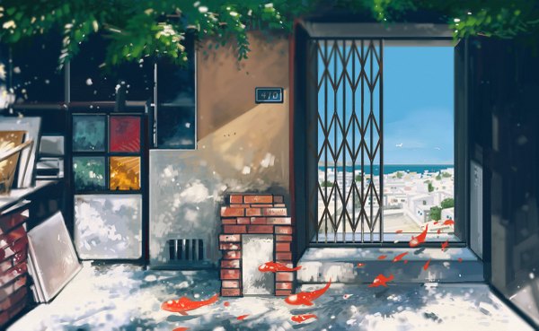 Anime picture 1200x739 with original hana-sei wide image sky shadow city no people landscape summer animal water window sea bird (birds) leaf (leaves) fish (fishes) house