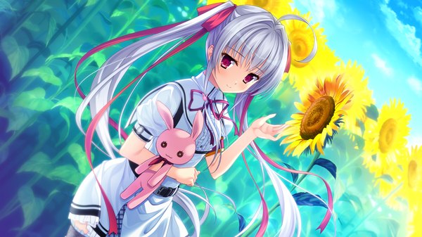 Anime picture 1280x720 with natsu no iro no nostalgia moonstone maniwa shouko yamakaze ran single long hair looking at viewer red eyes wide image twintails game cg ahoge white hair girl uniform flower (flowers) ribbon (ribbons) hair ribbon school uniform toy