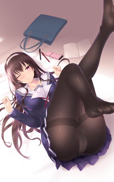 Anime picture 1200x1920 with saenai heroine no sodatekata a-1 pictures kasumigaoka utaha cait single long hair tall image looking at viewer blush fringe breasts light erotic hair between eyes red eyes brown hair ass lying long sleeves pleated skirt one eye closed