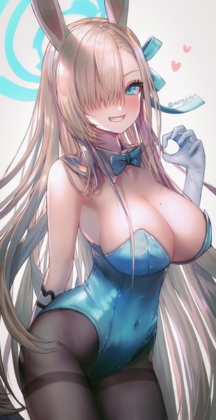 Anime picture 1029x2000 with blue archive asuna (blue archive) asuna (bunny) (blue archive) hanato (seonoaiko) single tall image looking at viewer fringe breasts blue eyes light erotic blonde hair smile large breasts signed animal ears very long hair hair over one eye mole bunny ears