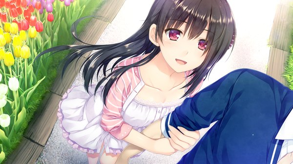 Anime picture 1280x720 with boku no hitori sensou akabei soft2 inuzuka rumi long hair looking at viewer blush open mouth black hair red eyes wide image game cg couple girl dress boy flower (flowers)