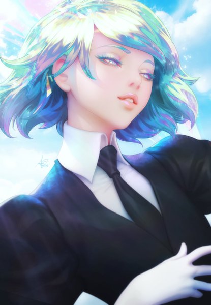 Anime picture 900x1300 with houseki no kuni diamond (houseki no kuni) artgerm (stanley lau) single tall image fringe short hair looking away sky cloud (clouds) upper body parted lips multicolored hair light smile lips realistic aqua hair puffy sleeves eyebrows silver eyes