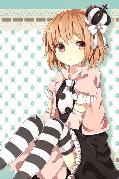 Anime picture 666x1000 with original yuusa single tall image short hair blonde hair sitting looking away pink eyes girl thighhighs detached sleeves striped thighhighs crown