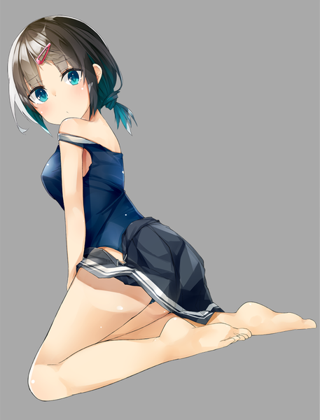 Anime picture 800x1050 with original kavka single tall image looking at viewer blush short hair light erotic simple background brown hair bare shoulders full body multicolored hair barefoot aqua eyes aqua hair grey background two-tone hair bare legs kneeling