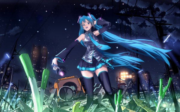 Anime picture 1280x800 with vocaloid hatsune miku inumaru (sougen no marogoya) wide image sky night night sky girl detached sleeves necktie headphones musical instrument guitar power lines megaphone