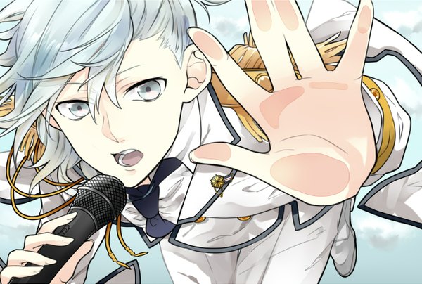 Anime picture 1300x877 with uta no prince-sama a-1 pictures mikaze ai tagme (artist) single short hair sky silver hair cloud (clouds) flying silver eyes weightlessness singing boy uniform shirt necktie pants microphone hand