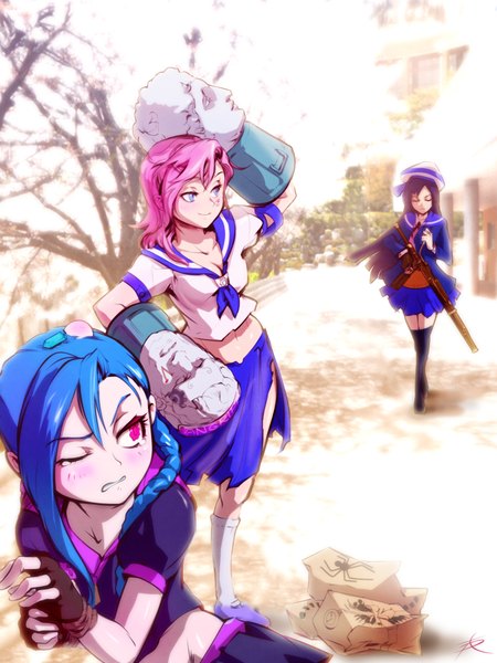 Anime picture 1650x2200 with league of legends jinx (league of legends) caitlyn (league of legends) vi (league of legends) phantom (ptcrow) long hair tall image blush blue eyes smile multiple girls blue hair pink hair purple hair one eye closed pink eyes wink tattoo girl gloves