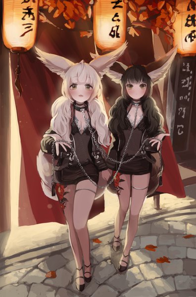 Anime picture 2808x4245 with blade & soul lyn (blade & soul) seorang long hair tall image looking at viewer blush fringe highres open mouth black hair standing twintails multiple girls animal ears cleavage full body outdoors white hair blunt bangs