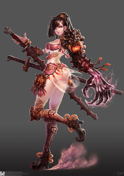 Anime picture 800x1131 with zhang wei yi single long hair tall image looking at viewer breasts light erotic black hair simple background red eyes ponytail realistic grey background midriff girl weapon earrings sword katana
