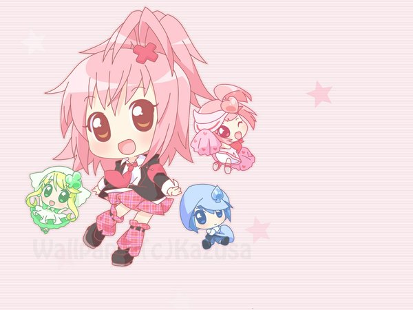 Anime picture 1024x768 with shugo chara! hinamori amu ran (shugo chara!) suu (shugo chara!) miki (shugo chara!) looking at viewer open mouth blue eyes blonde hair smile multiple girls green eyes payot blue hair pink hair one eye closed pink eyes wink one side up side ponytail
