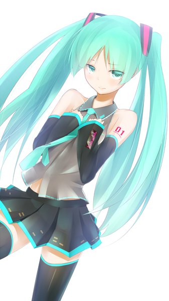 Anime picture 1152x2048 with vocaloid hatsune miku ninnzinn single tall image simple background white background twintails bare shoulders very long hair aqua eyes aqua hair girl thighhighs skirt black thighhighs detached sleeves miniskirt necktie