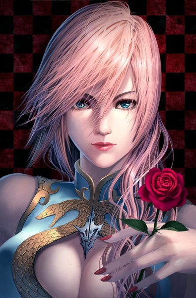 Anime picture 2144x3252 with final fantasy final fantasy xiii lightning returns: final fantasy xiii square enix lightning farron diamond dust single long hair tall image looking at viewer fringe highres breasts light erotic hair between eyes bare shoulders pink hair cleavage upper body nail polish