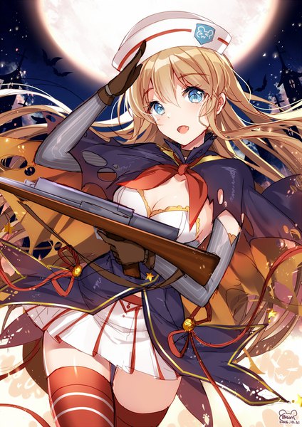 Anime picture 800x1131 with warship girls r northampton (warship girls r) bison cangshu long hair tall image looking at viewer fringe breasts open mouth blue eyes hair between eyes brown hair signed cleavage :d pleated skirt night fang (fangs) alternate costume night sky
