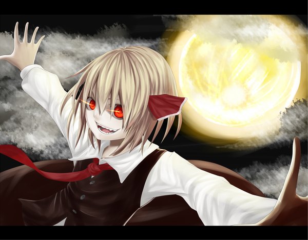 Anime picture 1843x1438 with touhou rumia glayjirobass (artist) single highres short hair open mouth blonde hair red eyes glowing spread arms glowing eye (eyes) girl moon
