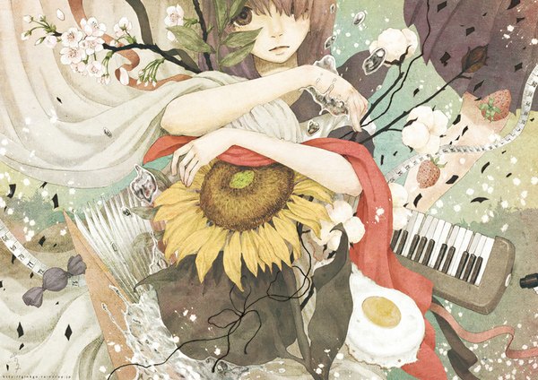Anime picture 1024x725 with original matsutori single fringe brown hair brown eyes hair over one eye cherry blossoms girl flower (flowers) ribbon (ribbons) water food sweets book (books) water drop berry (berries) strawberry sunflower keyboard (instrument)