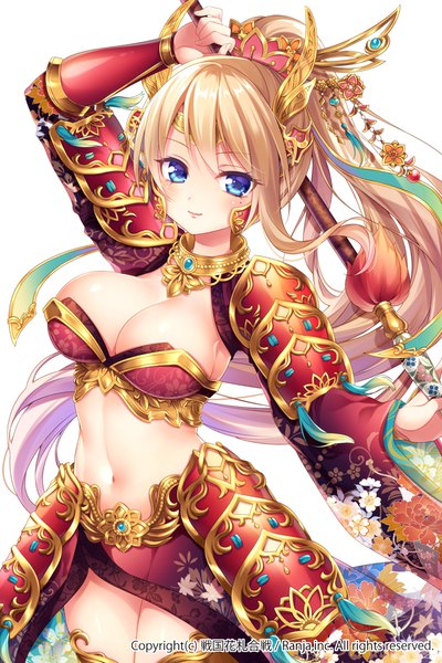 Anime picture 700x1050 with sengoku hanafuda kassen mitsuba choco single long hair tall image looking at viewer breasts blue eyes light erotic simple background blonde hair large breasts white background ponytail light smile mole official art mole under eye girl navel