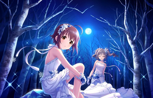 Anime picture 1280x824 with idolmaster idolmaster cinderella girls idolmaster cinderella girls starlight stage kanzaki ranko wakiyama tamami long hair looking at viewer short hair brown hair twintails bare shoulders multiple girls brown eyes ahoge eyes closed grey hair night official art sparkle drill hair