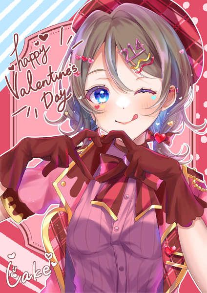 Anime picture 2894x4093 with love live! sunshine!! sunrise (studio) love live! watanabe you lake 0520 single tall image looking at viewer blush highres short hair blue eyes smile brown hair signed upper body braid (braids) one eye closed wink twin braids