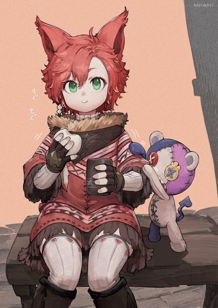 Anime picture 1448x2048 with final fantasy final fantasy xiv square enix avatar (ff14) jun (seojh1029) single tall image looking at viewer fringe short hair smile hair between eyes sitting green eyes signed animal ears red hair eating girl thighhighs
