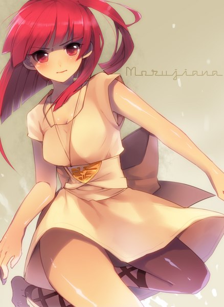 Anime picture 1096x1500 with magi the labyrinth of magic a-1 pictures morgiana etsuo single tall image looking at viewer blush fringe short hair simple background red eyes red hair barefoot grey background character names one side up shaded face jumping girl