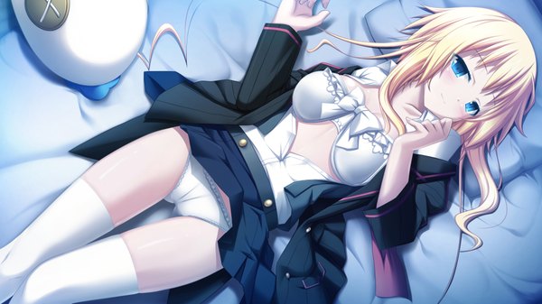 Anime picture 1024x576 with soukoku no arterial long hair blue eyes light erotic blonde hair wide image game cg lying open clothes open shirt girl thighhighs skirt underwear panties miniskirt white thighhighs