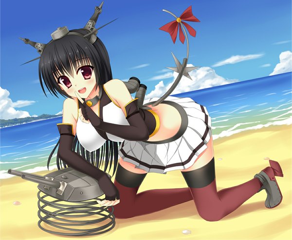 Anime picture 1182x974 with kantai collection nagato battleship kukan single long hair looking at viewer blush breasts open mouth light erotic black hair smile red eyes large breasts sky cloud (clouds) tail beach kneeling seaside