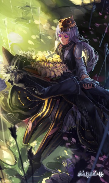Anime picture 1200x2000 with original pixiv fantasia pixiv fantasia fallen kings flaurel long hair tall image fringe sitting holding purple hair eyes closed from above lips torn clothes holding hands eyeshadow torn pantyhose death girl petals