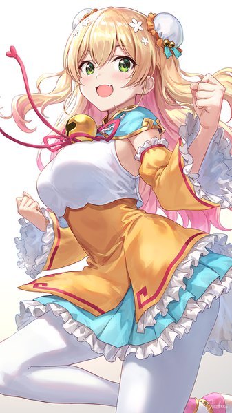 Anime picture 800x1422 with virtual youtuber hololive momosuzu nene momosuzu nene (old design) guchico single long hair tall image looking at viewer blush fringe open mouth simple background blonde hair hair between eyes white background green eyes :d hair bun (hair buns) fang (fangs)