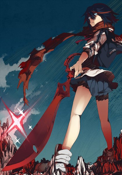 Anime picture 700x1000 with kill la kill studio trigger matoi ryuuko teigi single tall image looking at viewer short hair black hair red hair multicolored hair aqua eyes two-tone hair sparkle streaked hair girl weapon sword shoes scarf