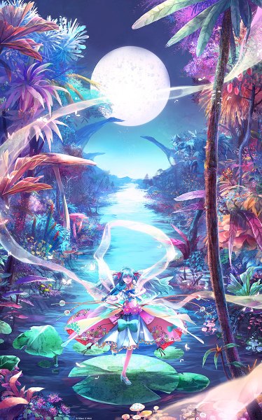 Anime picture 748x1200 with original mimi n (futarinokizuna) single long hair tall image open mouth blue eyes smile twintails blue hair night night sky scenic river girl dress bow ribbon (ribbons) plant (plants) hair ribbon