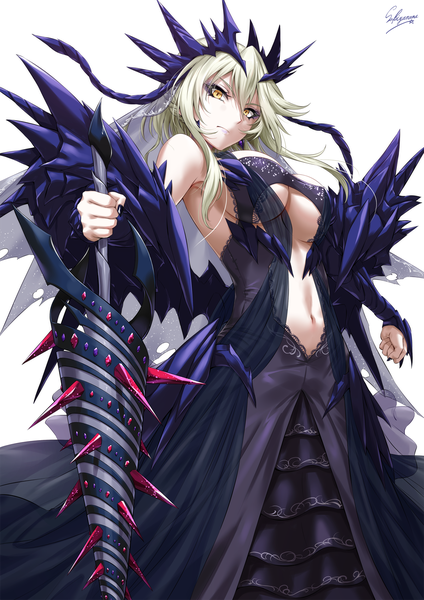 Anime picture 1200x1697 with fate (series) fate/grand order artoria pendragon (all) artoria pendragon (lancer alter) sakiyamama single long hair tall image looking at viewer fringe breasts light erotic simple background blonde hair hair between eyes large breasts standing white background holding signed