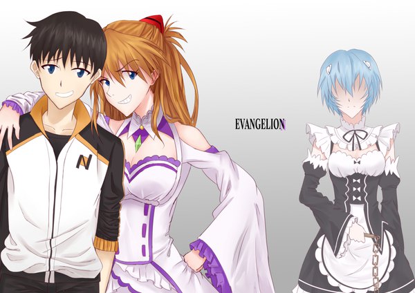 Anime-Bild 1023x724 mit re:zero kara hajimeru isekai seikatsu neon genesis evangelion white fox gainax soryu asuka langley ayanami rei ikari shinji leeschan long hair looking at viewer fringe short hair breasts blue eyes black hair smile hair between eyes brown hair large breasts standing