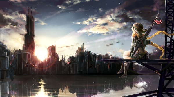 Anime picture 1920x1080 with original yamano (yamanoh) long hair highres blue eyes wide image sitting looking away sky silver hair cloud (clouds) wind wallpaper no shoes crossed legs lens flare city reflection cityscape scenic