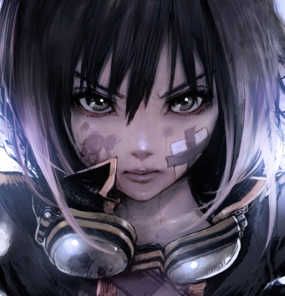 Anime picture 1230x1275 with original tifa18 single tall image looking at viewer highres short hair brown hair lips grey eyes close-up face open collar bandaid on face dirty girl goggles bandaid