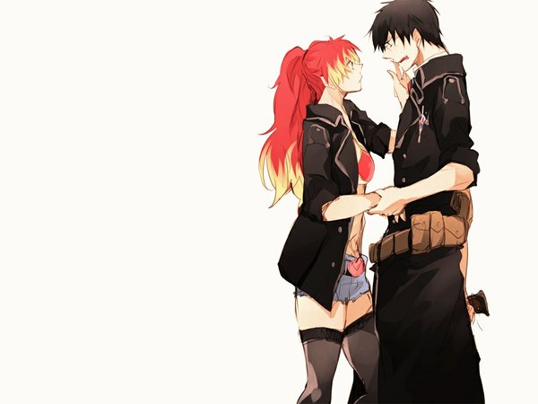 Anime picture 1093x820 with ao no exorcist a-1 pictures okumura yukio kirigakure shura kome kako (artist) long hair short hair open mouth black hair simple background white background red hair multicolored hair pointy ears orange hair couple holding hands twisty sleeves girl thighhighs