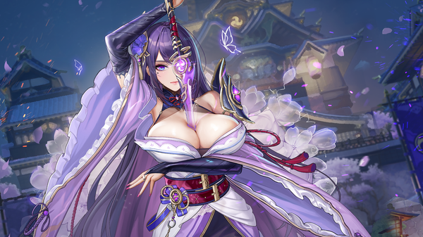 Anime picture 2500x1406 with genshin impact raiden shogun tsuki no i-min single long hair looking at viewer blush fringe highres breasts blue eyes light erotic wide image large breasts standing holding payot purple hair outdoors blunt bangs