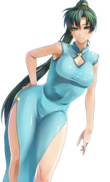 Anime picture 657x1088 with fire emblem fire emblem: the blazing blade nintendo lyndis (fire emblem) shinon (tokage shuryou) single long hair tall image looking at viewer blush breasts light erotic simple background standing white background ponytail traditional clothes aqua eyes green hair sleeveless