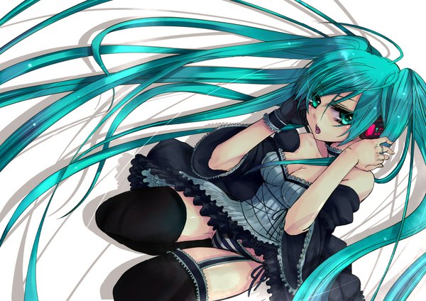 Anime picture 2000x1414 with vocaloid hatsune miku highres light erotic simple background white background green eyes green hair pantyshot girl thighhighs underwear panties black thighhighs striped panties single glove