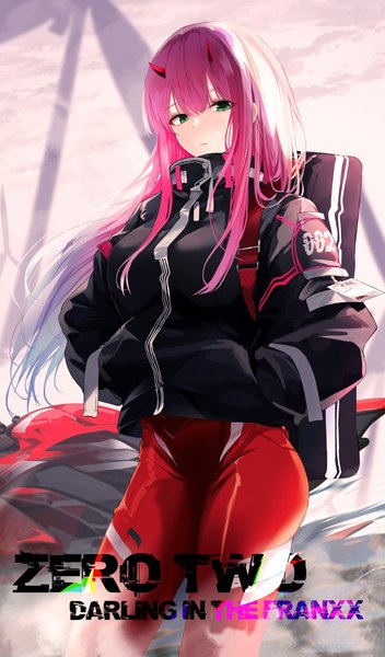 Anime picture 892x1519 with darling in the franxx studio trigger zero two (darling in the franxx) kooemong single long hair tall image looking at viewer fringe breasts hair between eyes standing green eyes pink hair sky cloud (clouds) horn (horns) copyright name character names gradient hair