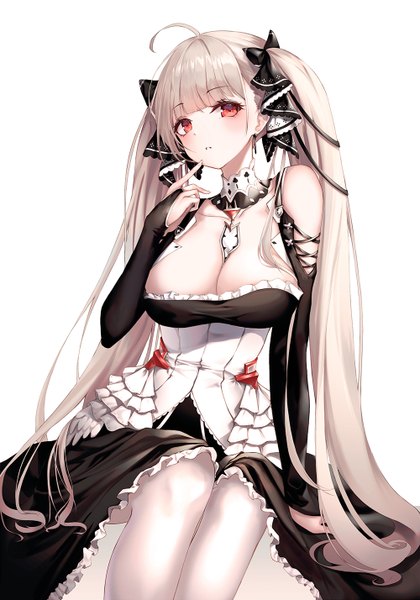 Anime picture 1000x1428 with azur lane formidable (azur lane) paya (aejx2345) single long hair tall image blush fringe breasts light erotic simple background red eyes large breasts white background sitting twintails bare shoulders cleavage ahoge blunt bangs